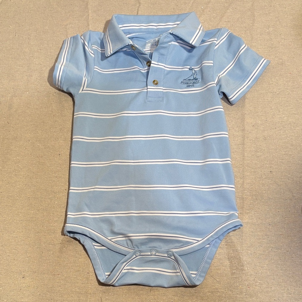 Garb Blue Striped Polo Baby Bodysuit with Pinehurst logo